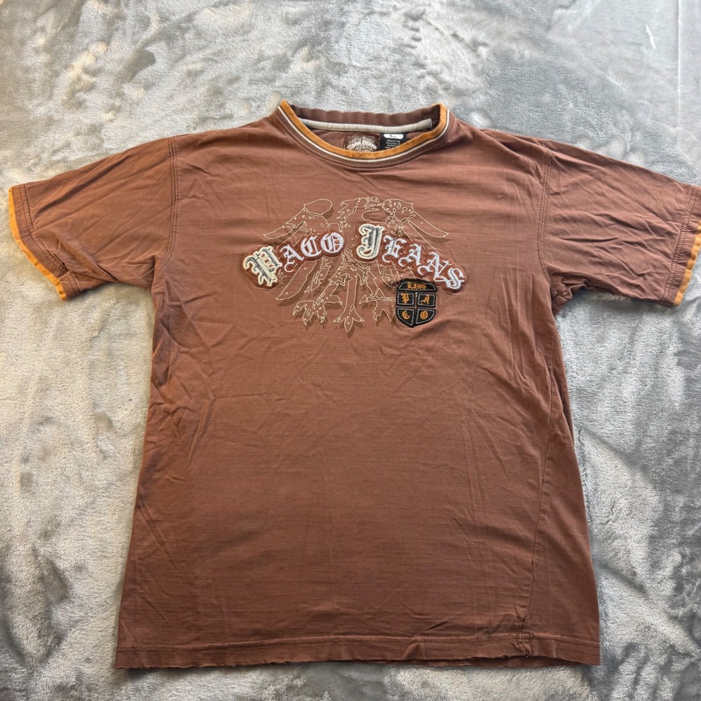 Paco Jeans Mens Brown Embroidered Graphic T-Shirt Vintage Distressed Large